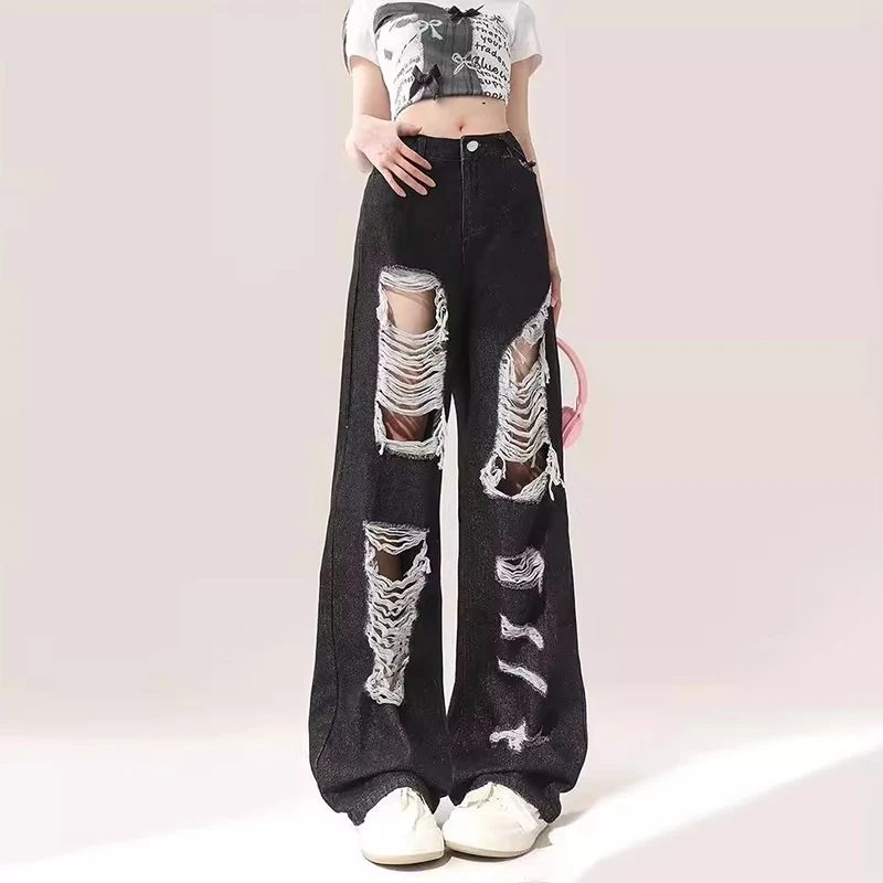 Fashion High Waist Casual Retro American Style Ripped Jeans