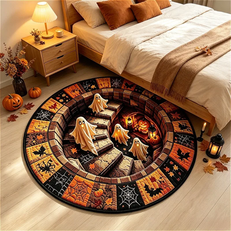 Spooky Halloween Stairwell Round Rug,Fall Pumpkin Bat Spider Web Printed Circular Floor Mat,Living Room Bedroom Decor Carpet