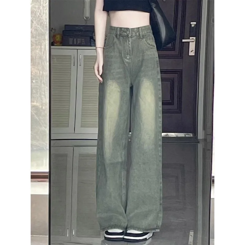 Jeans soltos vintage Y2K feminino, calça de cintura alta, perna larga, casual, reto, hip-hop, moda, meninas, novo, 2023