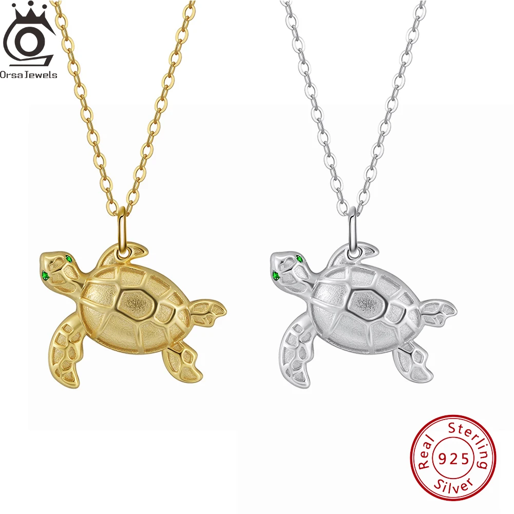 ORSA JEWELS 925 Sterling Silver Sea Turtle Pendant Necklace with Green Cubic Zirconia Animal Collares Chain Matte Finish SSN352