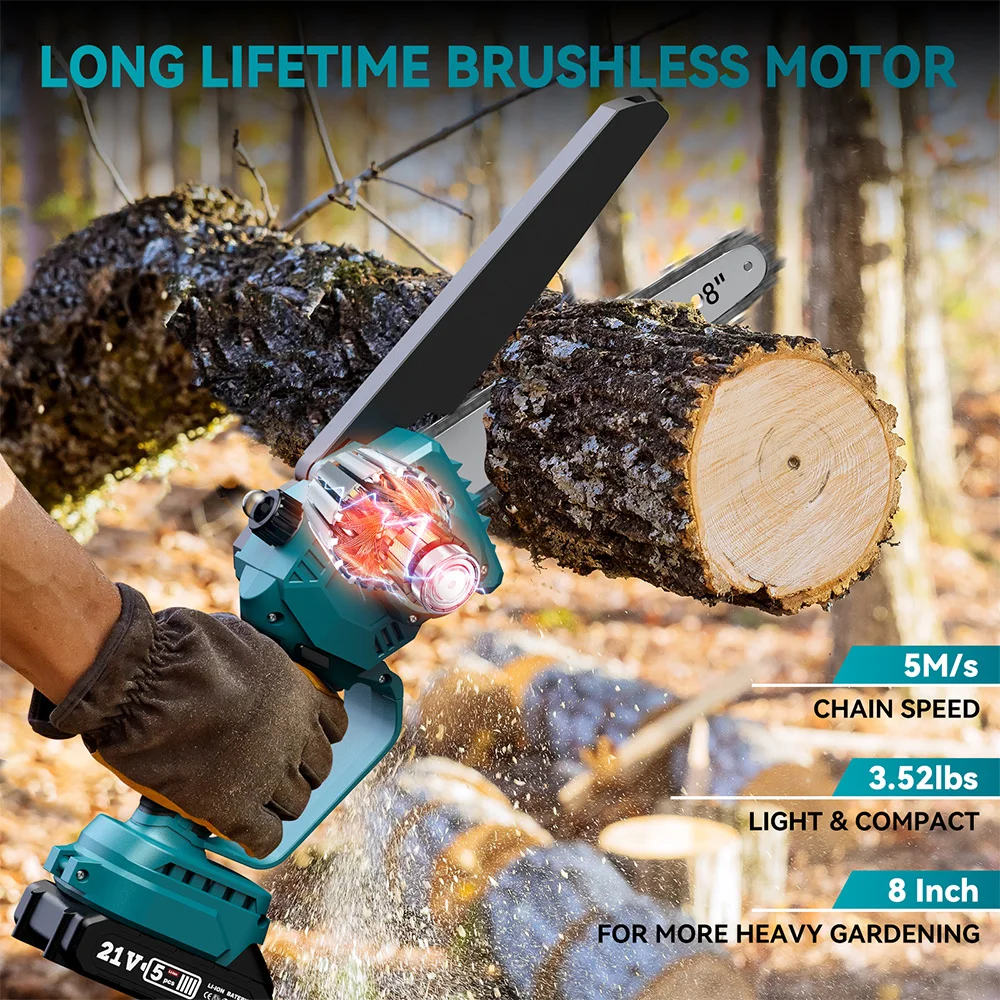 SEESII 8 Inch Brushless Electric Chainsaw Cordless Chain Saw Wood Cutting Garden Pruning Saw Tool Compatible with Makita Battery