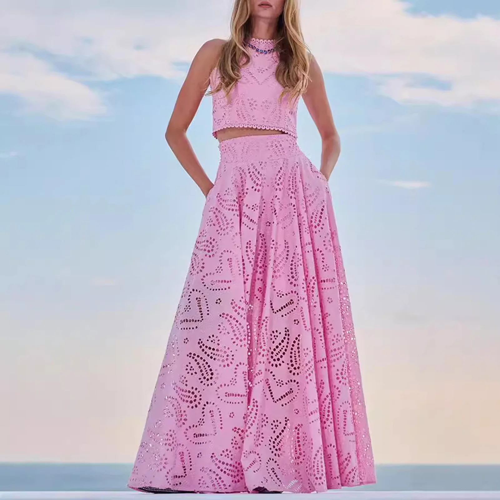 Women\'s Summer 2 Piece Outfits Tank Crop Tops Long Skirt Set Sleeveless Maxi Dress with Pocket Nightclub Party Dress