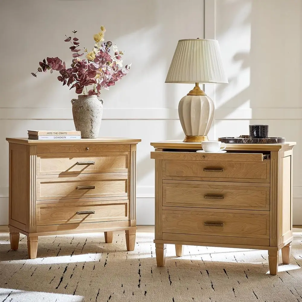 

Charging Station End Table with Pull-Out Tray, Solid Wood Legs, 2-Tier Wood Veneer Side Table, Natural