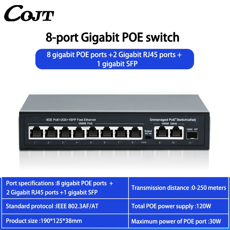 

8 Poe Pwitch Asecam 1000mbps SPF 11 Port1000mbps Gigabit Network 48-52v switch Unmanaged Poe Switch 8/2 Port Ehernet Switch