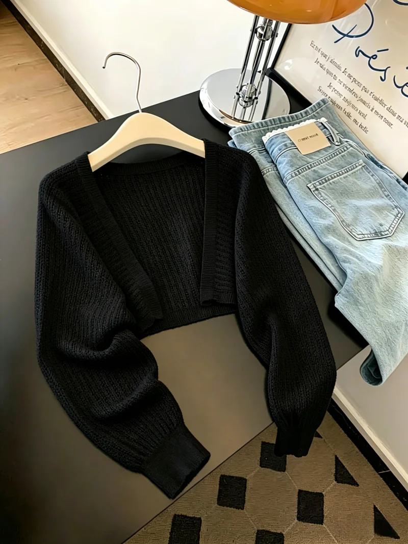 

Black Hollow out Long Sleeve Knitted Open Cardigan Women's Early Spring New High Sense Sunshade Shirt Korean Style Straight Cut