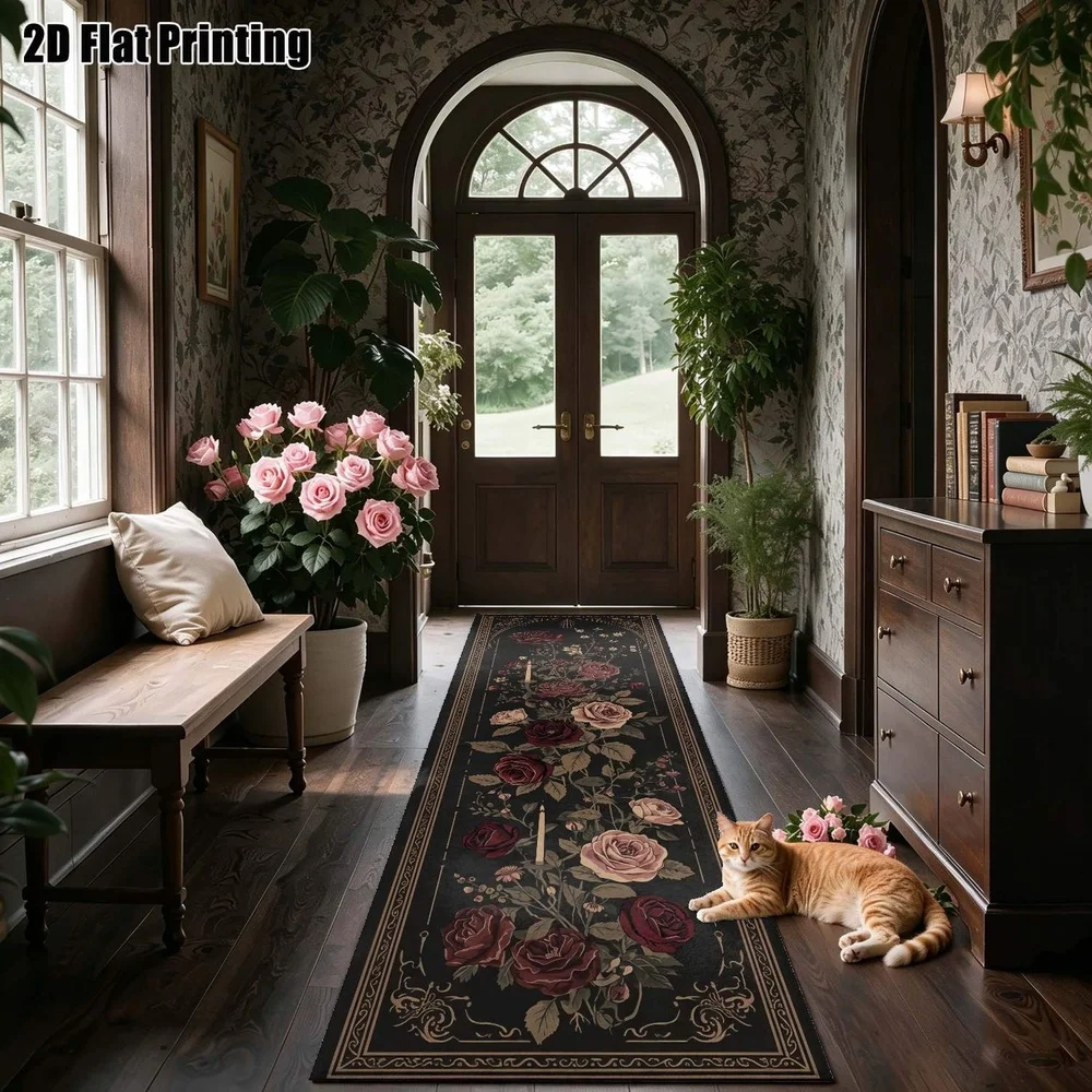 1Pc Gothic Style Skull Rose Pattern Flat Printed Long Carpet, Retro Decorative Floral Butterfly Corridor Carpet, Suitable for Kitchen, Bedroom, Foyer, Balcony, Entrance, Bedside, Dark College Style Halloween Home Decoration