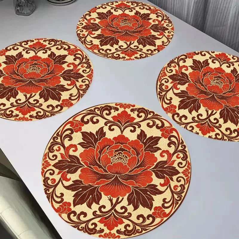 VIKAMA Sicilian Retro Colored Porcelain Mandala Round Linen Placemats Heat Resistant Wear-Resistant for Kitchen Dining Table