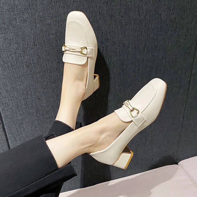 New fashion metal buckle square head British small leather shoes for women working chunky single shoes for women