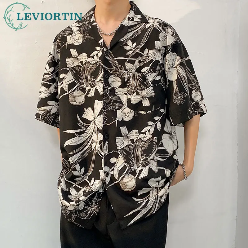 2023 Summer Fashionable Floral Print Shirt For Men Hip Hop Thin Ice Silk Short Sleeve Beach Tops Shirt Male Streetwear