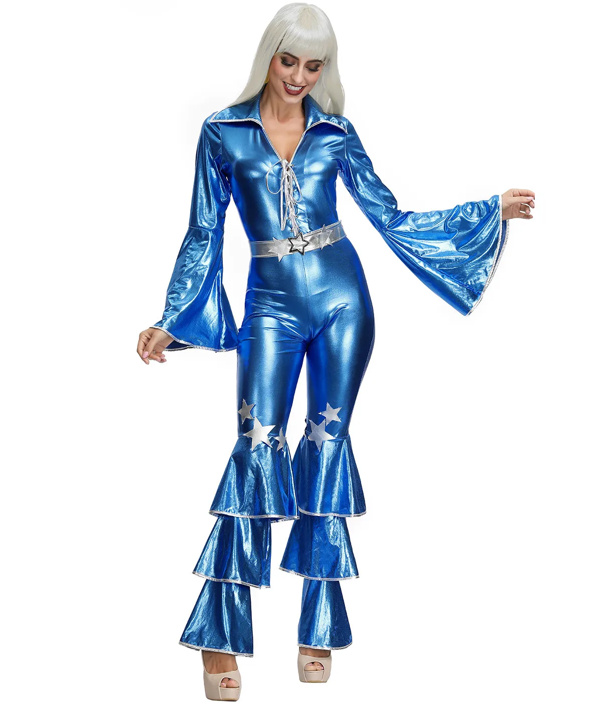 IOOTIANY Retro Hippie Disco Kostüm für Erwachsene 60er 70er Jahre Damen Karneval Nachtclub Party Bühnen-Tänzerin Sängerin Performance Jumpsuit – Detail 5