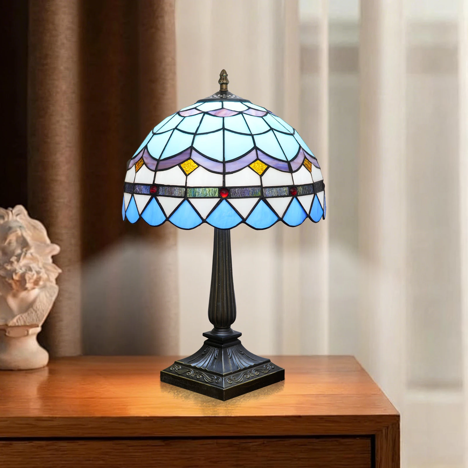 30CM Blue feathers Lampshade Tiffany Table Lamp American Simple Bedroom Bedside Light Retro Creative E27 Resin Base Table Lamp