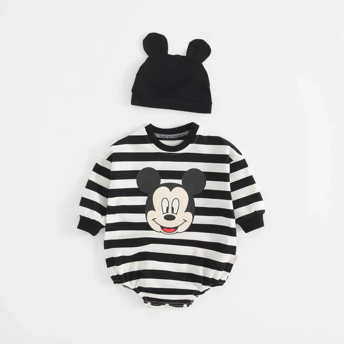 Striped Bodysuit +Knitted Hat Newborn Clothes New Cartoon Print Long Sleeve Jumpsuits Baby Cute Fashion Triangle Pants Rompers