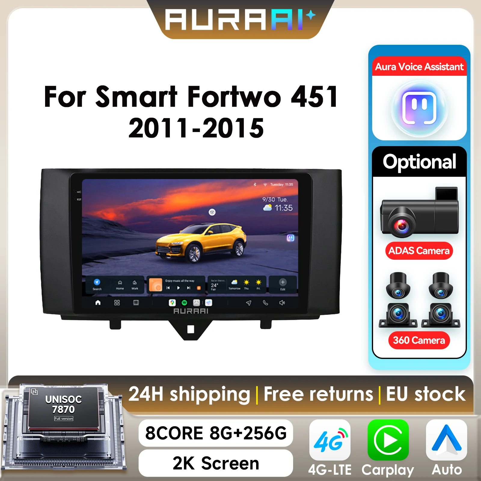 Autoradio 8G+256G AI con schermo 2K per Smart Fortwo 451 2011-2015, CarPlay, Android Auto, 4G, WIFI, GPS, BT, DSD, ADAS, doppio microfono, telecamera 360°, 7870
