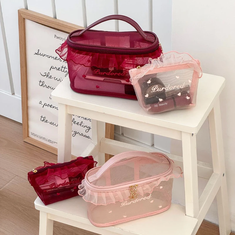 Women's Cosmetic Bag Mesh Lace Solid Color Versatile Sweet Makeup Bag Portable Breathable Large Capacity Storage Bags For Girl
