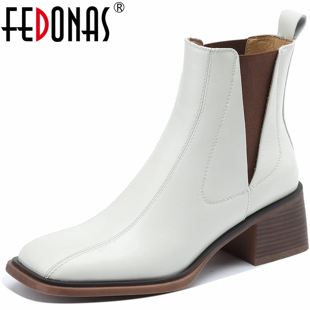 FEDONAS Concise Office Lady Short Boots Autumn Winter Genuine Leather Shoes Woman Square Toe Thick Heels Basic Women Ankle Boots