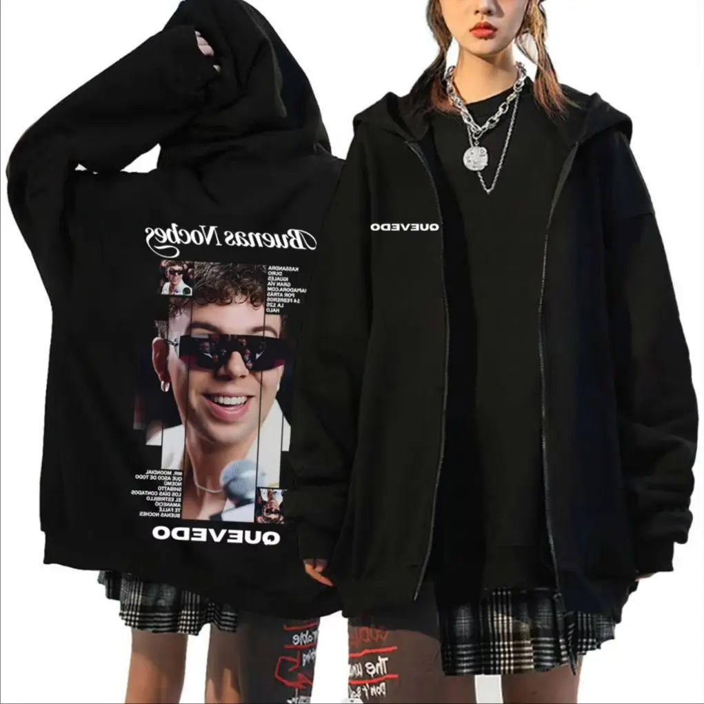 

Rapper Quevedo Buenas Noches Album Graphic Zipper Hoodie Men Women Hip Hop Fashion Oversized Zip Up Hoodies Male Vintage Jacket