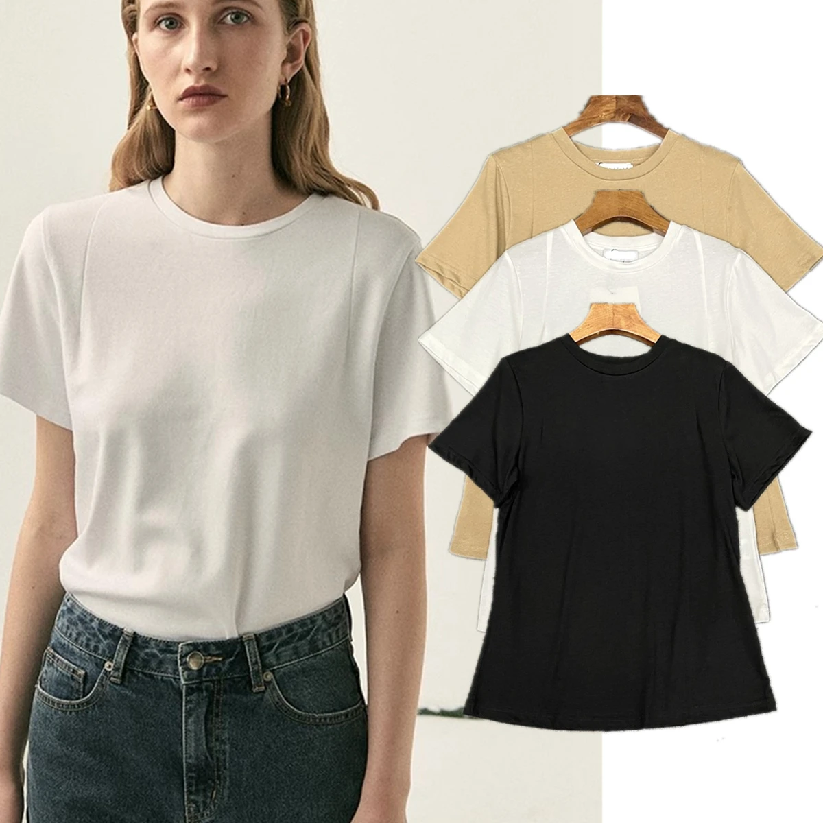 Jenny&Dave Round Neck Pleated Design Short Sleeved Tops Summer Nordic Minimalist Pure Cotton T-shirt For Women T-shirt Women