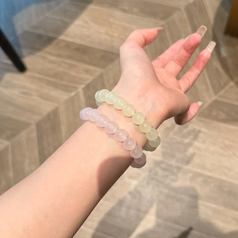 Ice Translucent Green/Pink Jade Beaded Elastic Bracelets for Women Men Students Smooth Round Beads Bangle Healing Jewelry Gifts