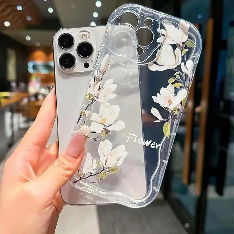 Clear Butterfly Flower Cream Wavy Edge Case for Iphone 15 Pro Max 11 12 13 14 Pro Max 7 8 Plus XR XS X 13 Mini TPU Back Cover