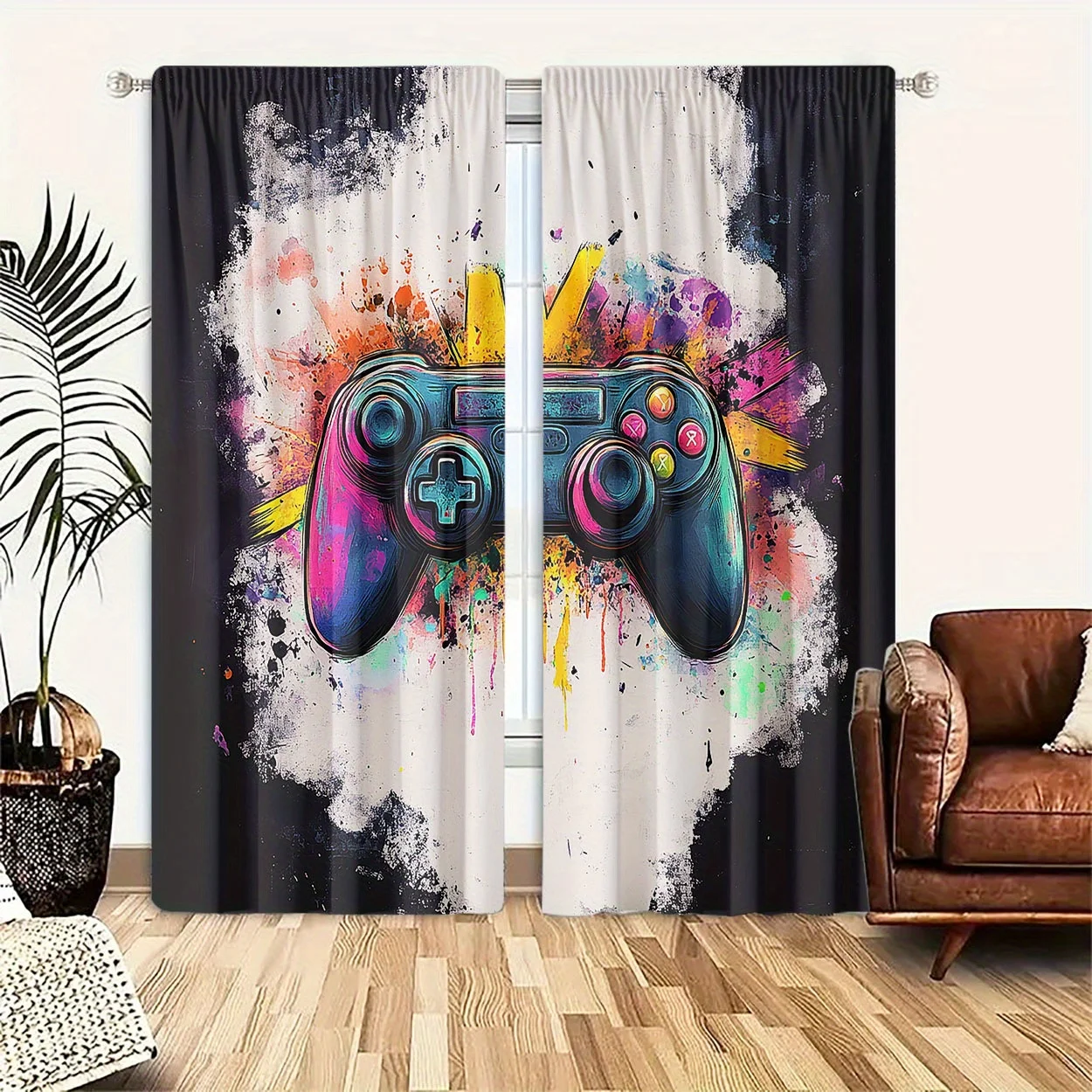 Game Controller Curtain, Colorful Graffiti Window Drape, Gaming Room Blackout Panel, Teen Bedroom Man Cave Decor