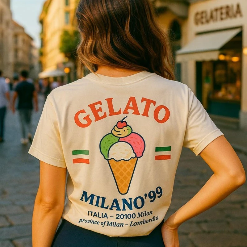 Gelato Milano’99 T-Shirt Italian Ice Cream Shirt Retro Unisex Summer Streetwear Vintage Milano Aesthetic Cotton Breathable Tee