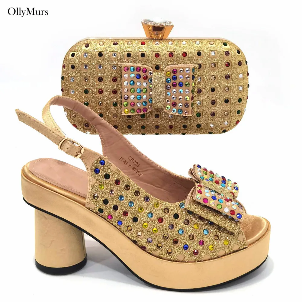 Fashion African Golden Color Shoes And Bag Sets For Party New Italian Style Decorated With Crystal Shoes And Matching Bag Set