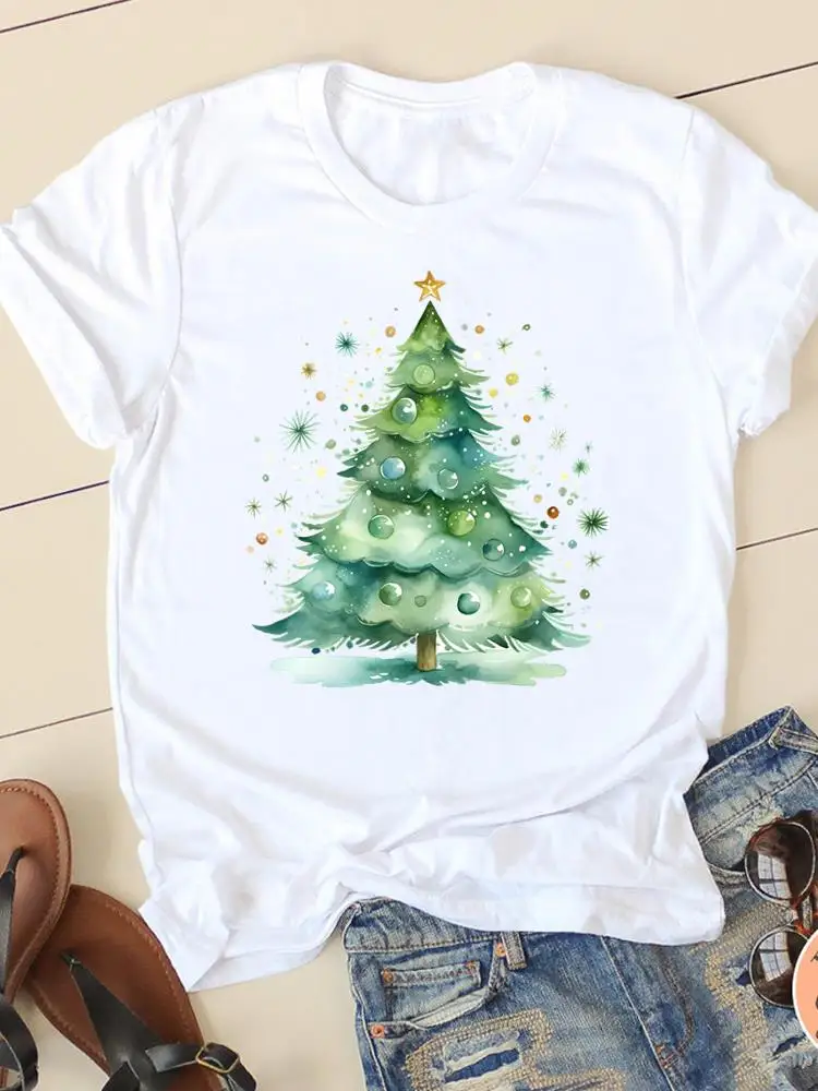 Watercolor Tree Cute Prints O-neck Women New Year Female Lady Fashion Shirt Tee Casual Merry Christmas Clothes Graphic T-shirts