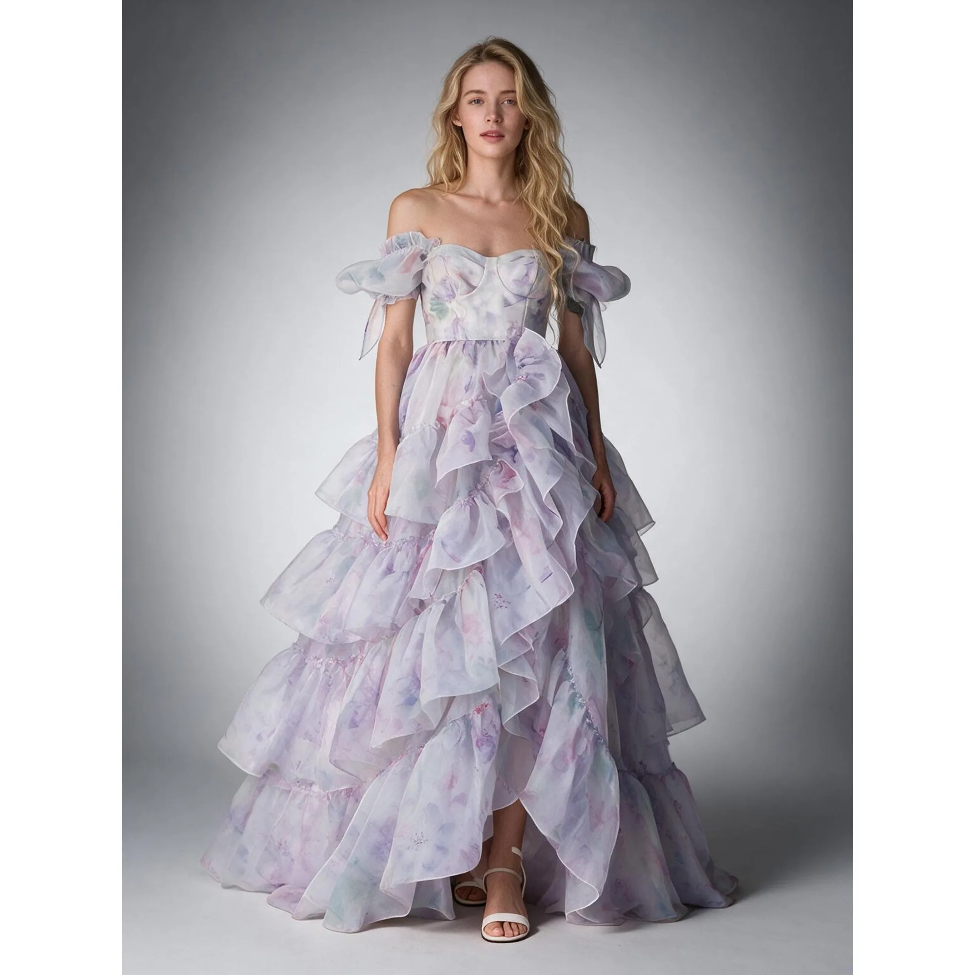 Purple Floral Prom Dress Off-Shoulder Puff Sleeve Evening Gown Organza Ruffle Layered Fairy Princess Ball Gown 2026 YW2609271