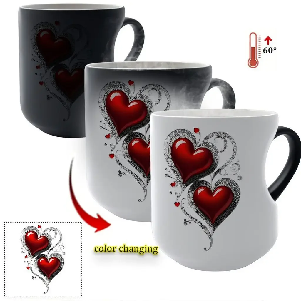 Heat Sensitive Color Changing Magic Mug With Romantic Heart Handle Cute Gift For Birthday Anniversary Valentine's Day Coffee Cup