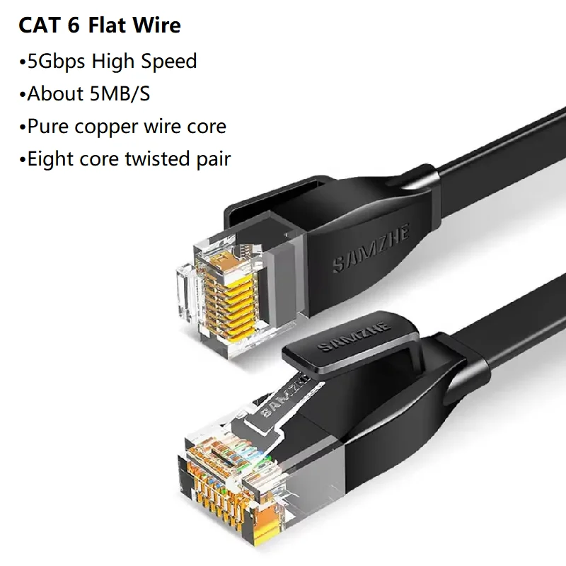 SAMZHE Cat6 Ethernetkabel, 5 Gbps, platte netwerkkabel, gigabit, hoge snelheid, patchkabel, RJ45-netwerkkabel voor router en laptop.