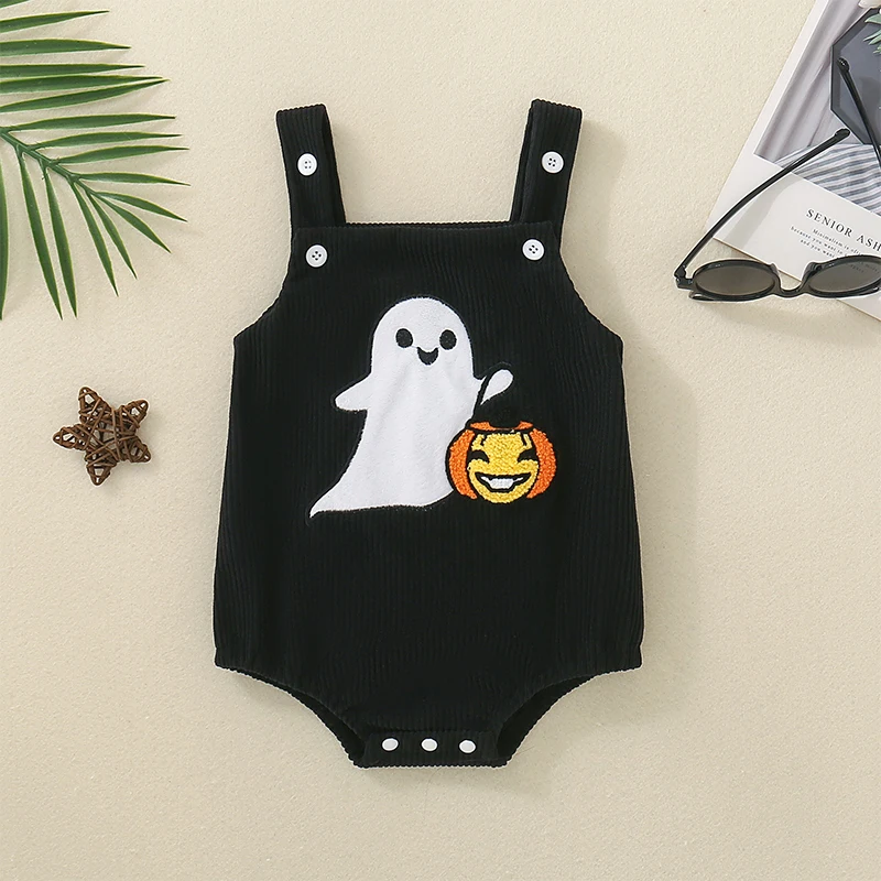 Mangas casual romper para o bebê halloween, abóbora, fantasma bordado veludo romper