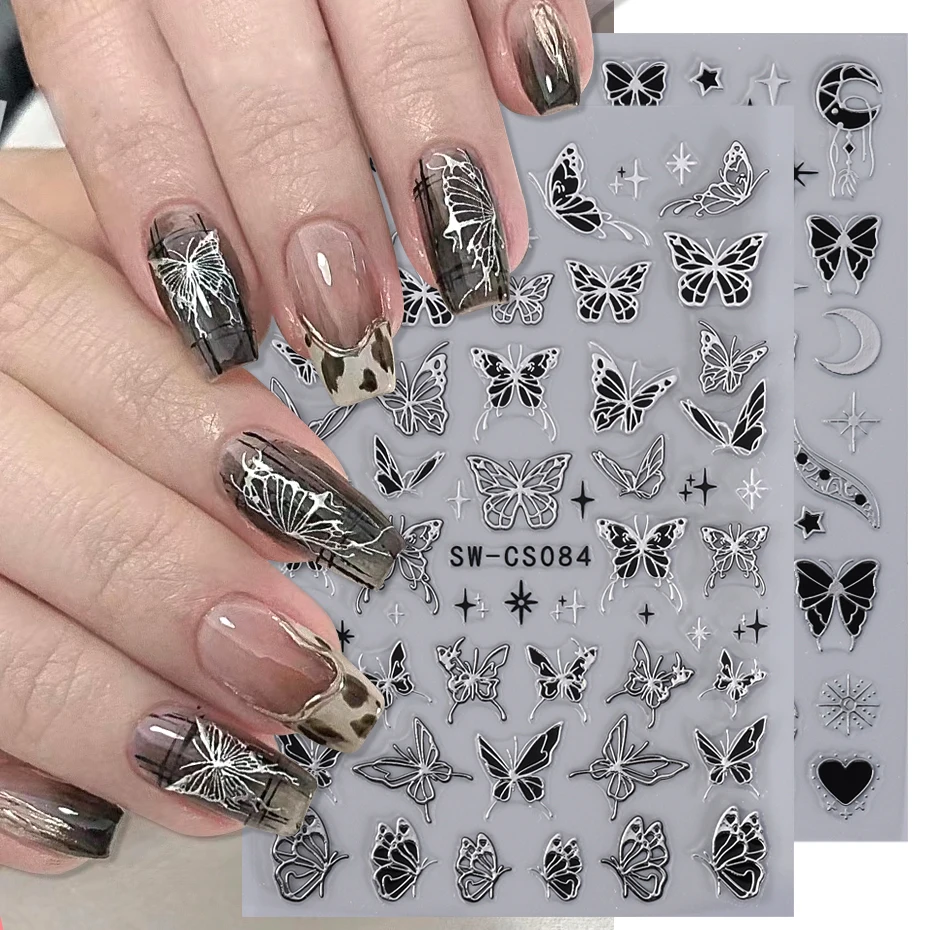 Black Silver Chrome Butterfly Nail Stickers Metal Mirror Star Gilded Design Decals DIY Summer Red Moon Decoration Manicure Wraps