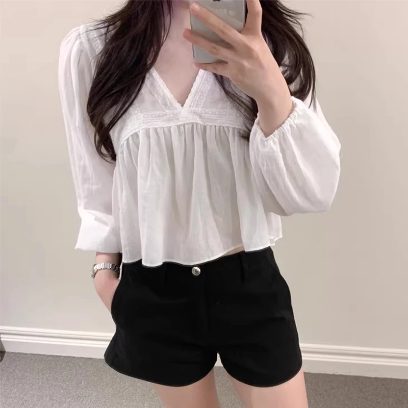 

Шикарный осенний нежный свободный V-образный вырез с кружевным дизайном, свободный длинный све или шифоновый светильник для женщин, милый фонарь...