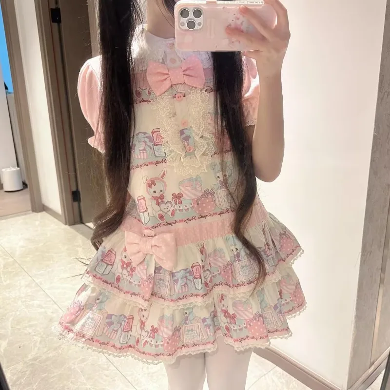 

Japanese Cute and Sweet Summer New Lolita Dress Cute Girl Cartoon Printed Bow Doll Neck Lace Splicing Y2k Dresses Women Clothing