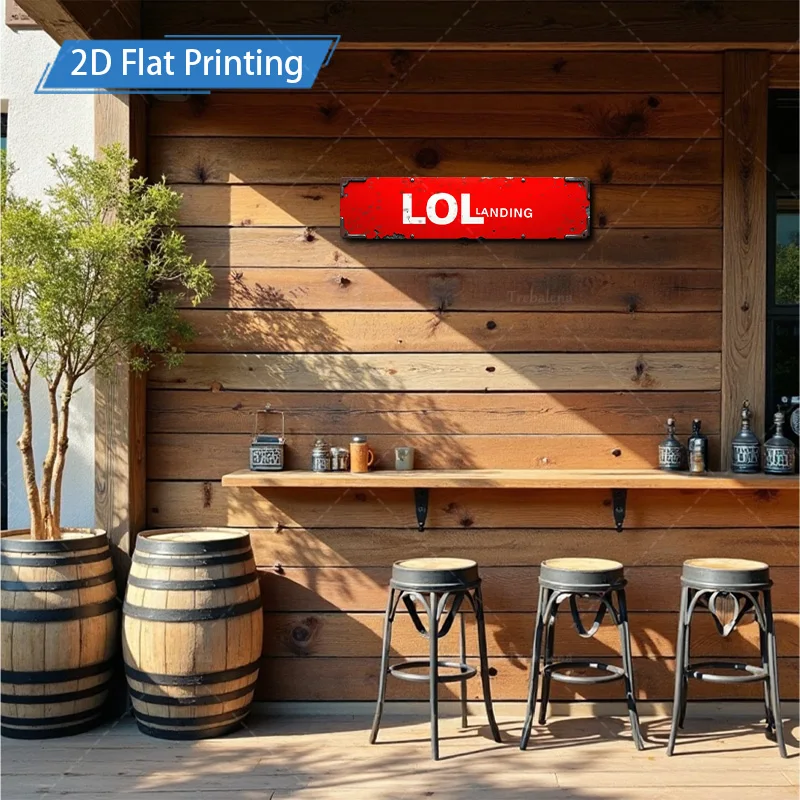 [2D FLAT] 1pc Metal Sign, 4×16inch Retro Red LOL Landing Metal Sign for Garden Door Decor