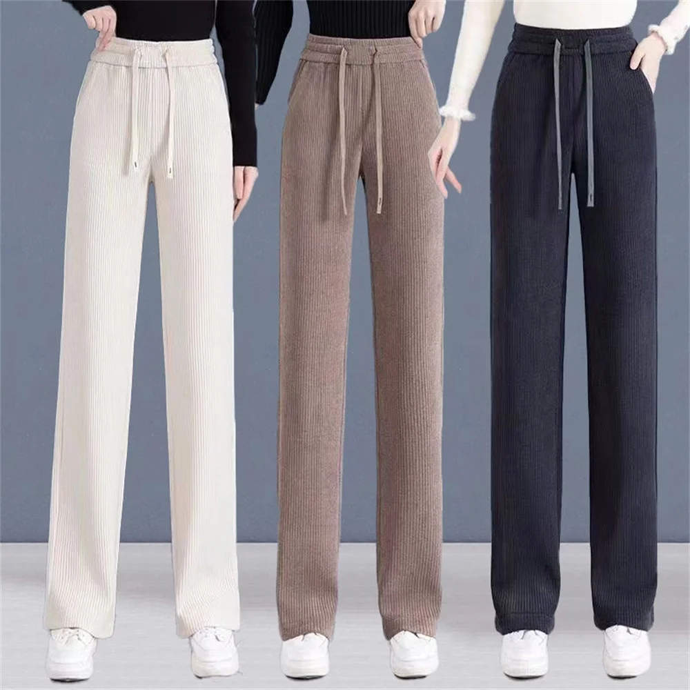 Autumn Winter Elastic Waist Loose Casual Wide Leg Corduroy Pants Female Add Velvet Fashion All-match Trousers Women's Clothing