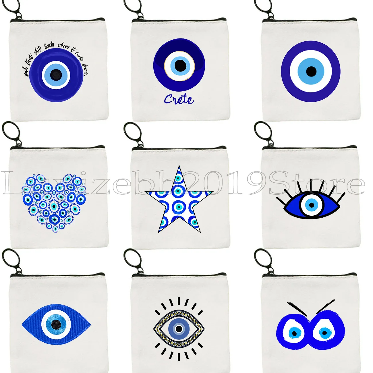 Colorful Blue Evil Eye Charm Nazar Amulet Love Heart GREECE Boho Mandala Canvas Coin Purse Key Case Bag Card Wallet Zipper Pouch