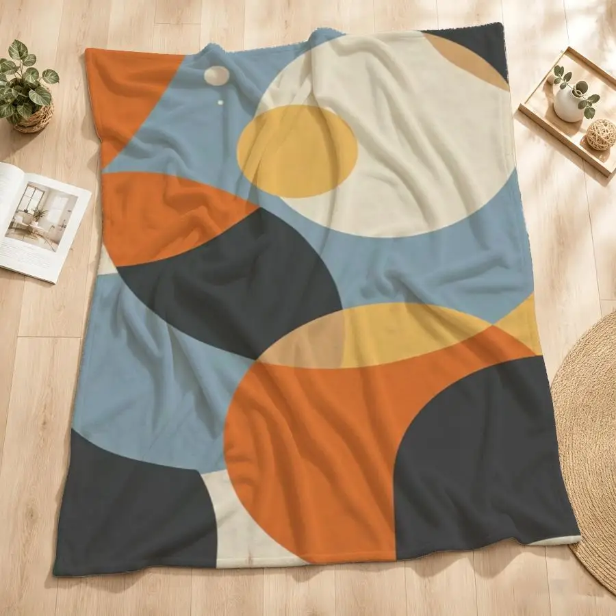 Mid-Century Modern Abstract Throw Blanket - Soft Flannel with Warm Orange & Blue Geometric Shapes, Cozy Decor for Couch, Bed & Office, Machine Washable Gift for Family Weighted Blanket 280GS