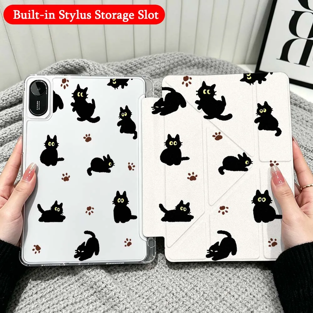 Cartoon Cat Fish Bone For Xiaomi Redmi Poco Pad 5 6 7 8 Pro SE 11 11.2 12.1 Inch Transparent Y-Shaped Folding Tablet Case
