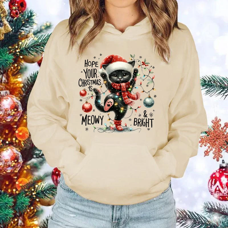 New Christmas Cat Hope Your Christmas Is Meowy Bright Print Hoodie Women Men Casual Tops Autumn And Winter Sweatshirts Pullover