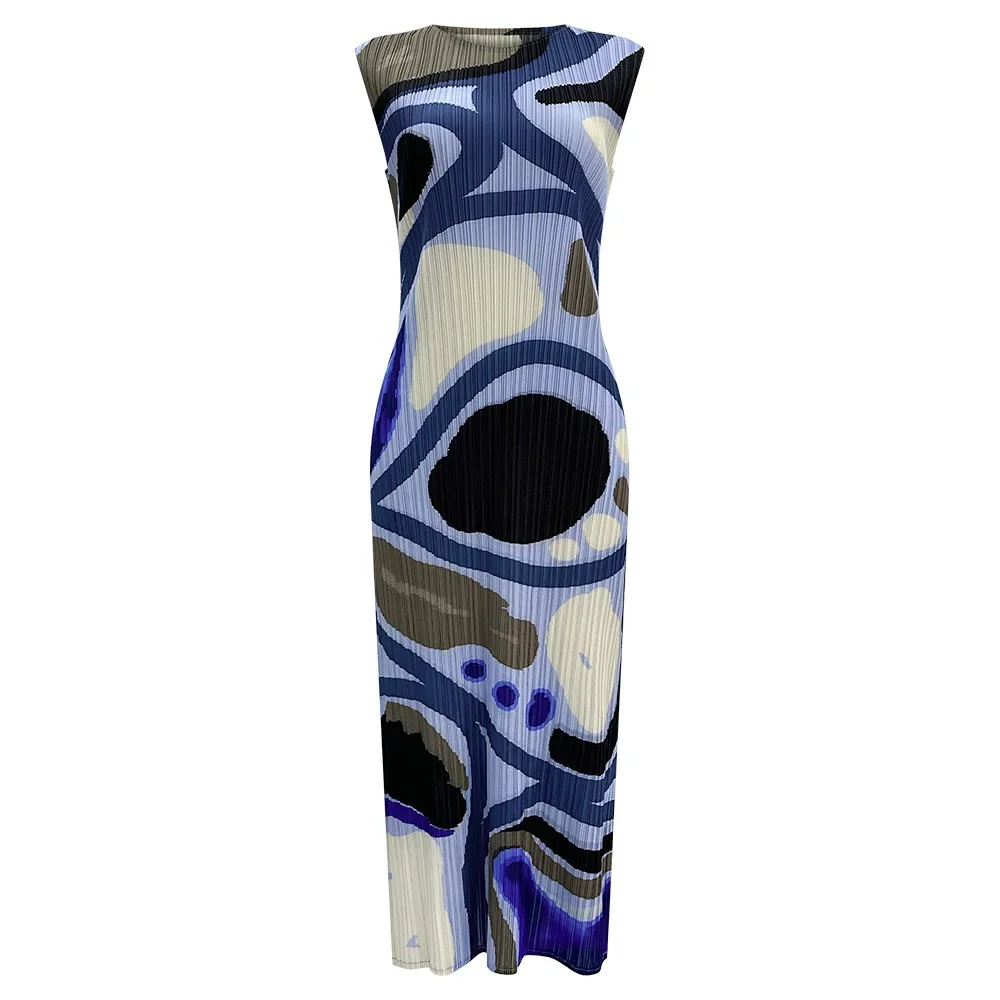 Miyake Women Abstract Print Pleated Midi Dress, Round Neck Sleeveless Slim Fit Bodycon Pleated Long Dress Elegant Party Dress