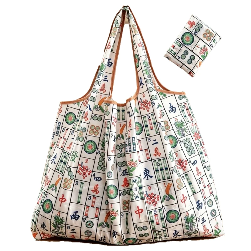 Foldable Shopping Tote Bag with Mahjong Print, Lightweight Reusable Handbag, Portable Shoulder Bag for Travel & Daily Use