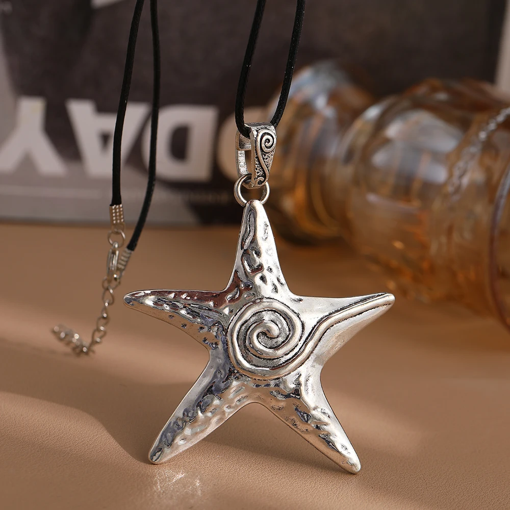 Punk Gothic Exaggerate Metal Irregular Pentagram Star Glazed Starfish Pendant Necklace for Women Girl Y2K Jewelry