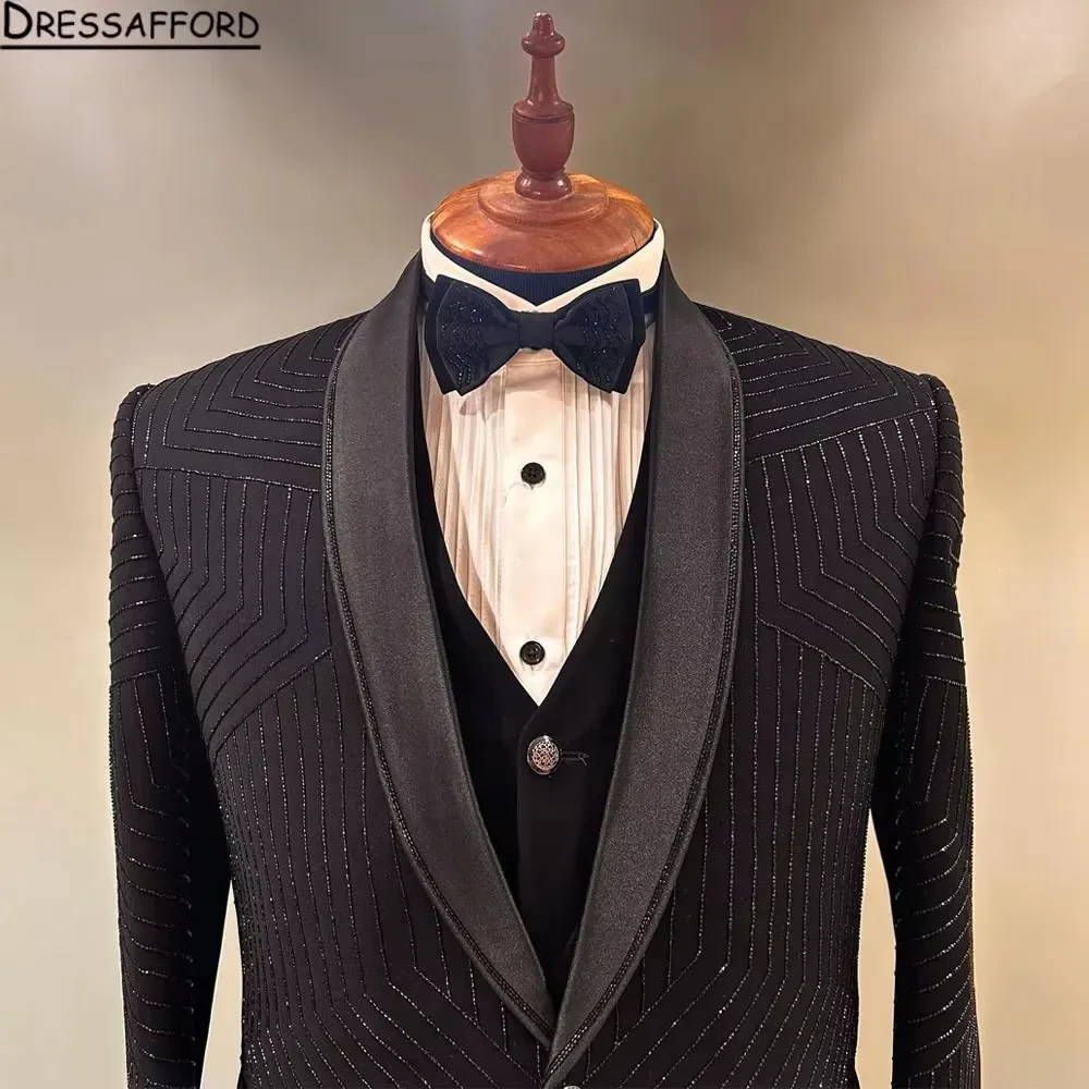 Black Stripe Beading Blazers Men Suits Fashion Banquet 2 Piece Business Jacket Pants Trousers