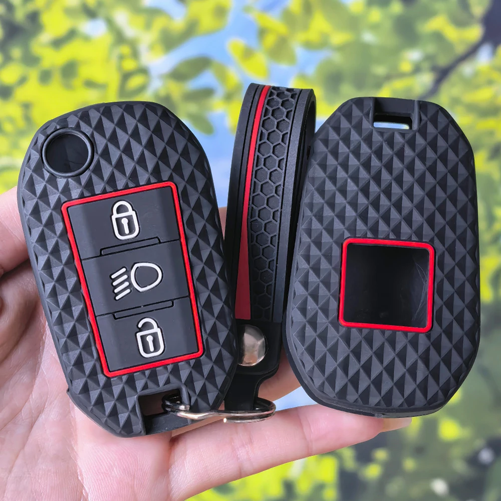Racing Style Red Outline Diamond Silicone Key Shell With Keychain For Peugeot 208 2008 308 3008 508 408 Citroen C3 C4 C5 C6 C8