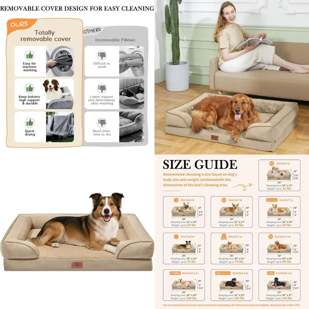 

Large Orthopedic Dog Bed, 38x25 Inches, Waterproof Egg Crate Foam, Removable Bolster, Washable Cover, Non-Slip Base, Light Brown