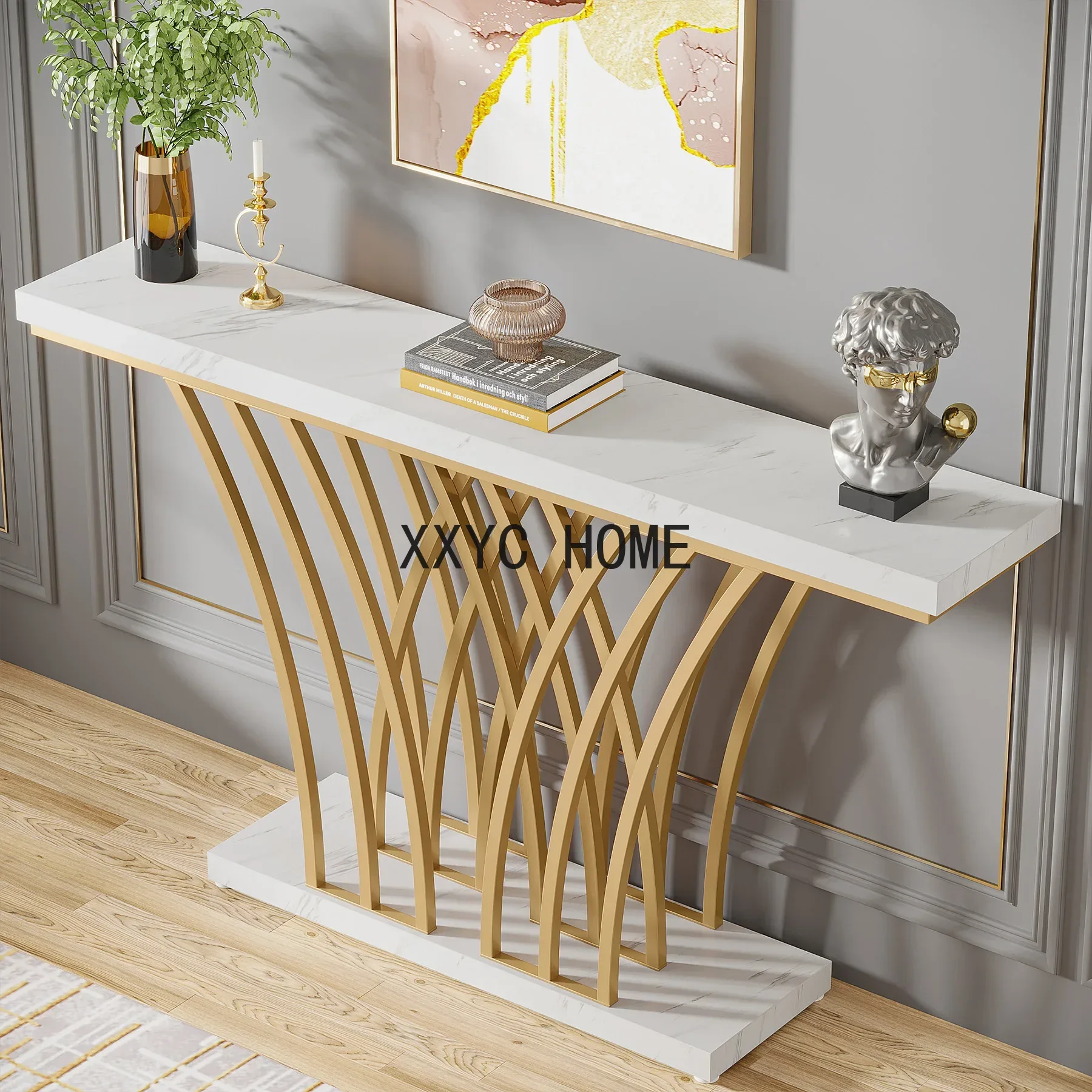 Tribesigns 59 inch Gold Console Table, Modern Entryway Table with Grid-Shaped Metal Base for Entrance, Hallway, Entryway