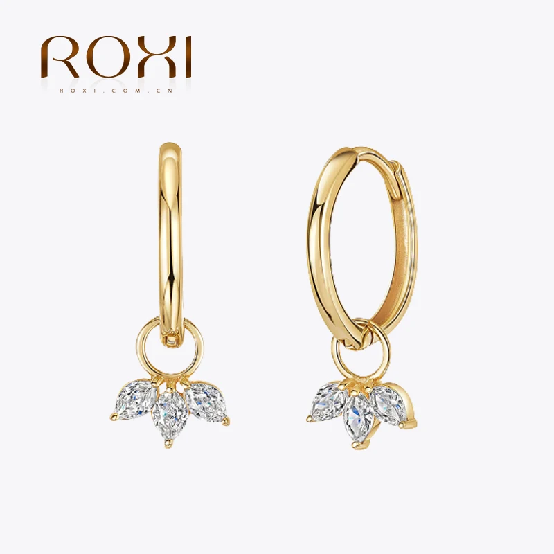 ROXI S925 Sterling Silver Petal Horse Eyes Zircon Pendant Earring Gold Silver Color Ear Buckle  9mm Simple Earrings For Women