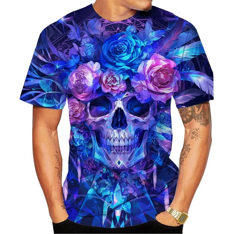 Skull Flower Pattern T Shirt For Men Mysterious 3D Printed Tees Summer Casual Short Sleeve Loose Street T-Shirts O-Neck Tops