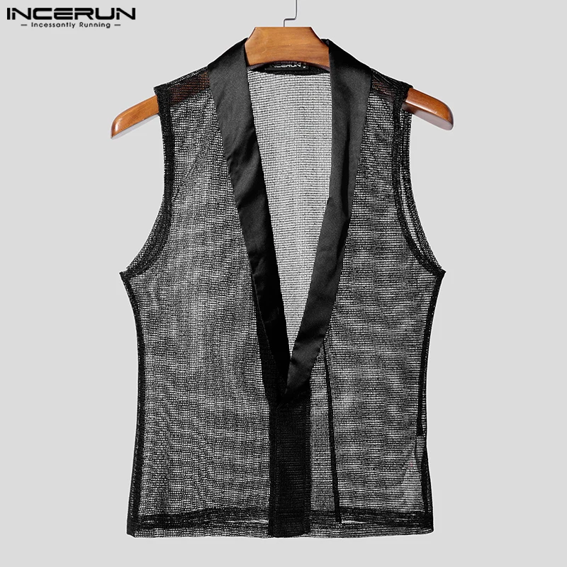 Summer Sleeveless Tank Top Men Tops Tee Mesh Hollow Out See Through Patchwork Black Color Tops Fashion Casual Streetwear INCERUN